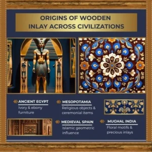 Closeup of ornate wooden inlay table wall panel