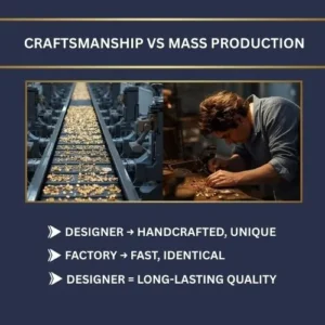 Side-by-side: mass-produced jewellery factory vs artisan jeweller at work.