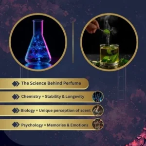Side-by-side graphic: chemistry flask with molecules + flowers/leaves being distilled.