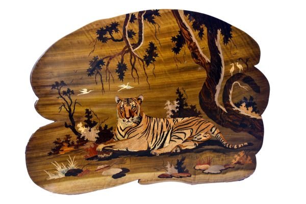Inlaid Wood Art Wall Hanging – “Majestic Tiger in the Wild”