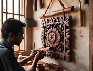 An artisan carving a rosewood wall hanging 