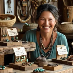 A cheerful local artisan (possibly a woman or family business) displaying handmade jewellery at a craft market or small studio. Include surroundings like woven baskets, handwritten labels, or natural packaging.