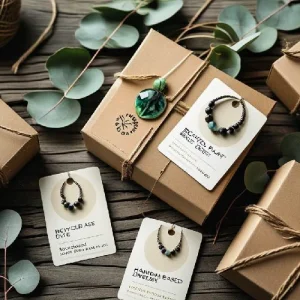 Flat lay of eco-conscious packaging with handmade jewellery—think kraft boxes, recycled paper tags, twine ties, and plant-based dye labels. Include elements like eucalyptus leaves or jute to underscore the green vibe.