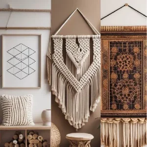 Mood board showing various decor styles (minimalist, boho, traditional) each with a matching wall hanging.