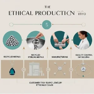 Visual chart or clean infographic showing steps of ethical jewellery production—from sourcing (e.g., recycled metals or fair-trade gems) to maker to customer. Or, alternatively, a product tag that clearly states who made the jewellery and with what materials.