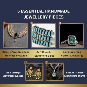 A collage showing each of the five jewellery items being worn in a real-life setting.