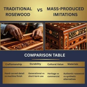 A split image — one side showing traditional hand-carving, the other showing mass-produced imitation furniture.